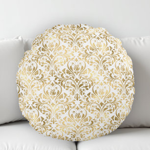 Almofada Redonda Elegante Damasco Vintage Ouro Branco