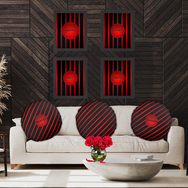 Almofada Redonda Elegante Diagonal Black Red Strips Nome do Monogra (Stylish, vivid crimson red and black diagonally striped round accent pillows personalized by you)