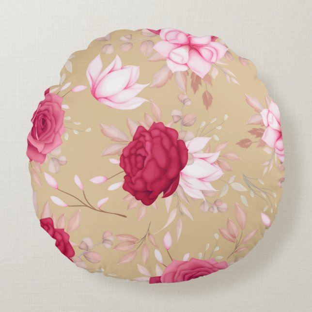 Almofada Redonda Elegante grená, floral rosa (Frente)