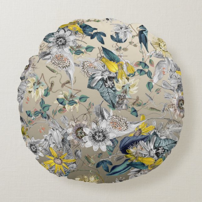 Almofada Redonda Elegante Moderno Vintage Cinza Dourada Amarelo (Frente)