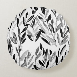 Almofada Redonda Elegante Monocromo: Padrão de Folhas Naturais