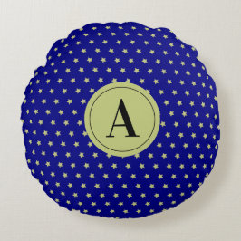 Almofada Redonda Elegante Monograma com Estrelas em Dourado e Azul