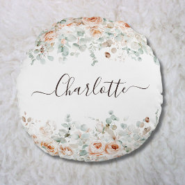 Almofada Redonda Elegante Monograma Rosa Floral Verde Russo