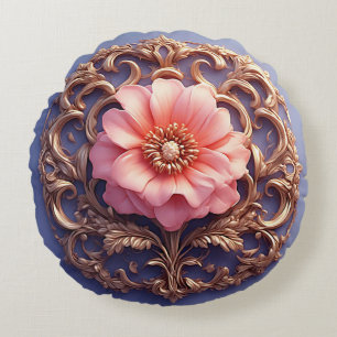 Almofada Redonda Elegante Ornamento Floral Com Acentos Dourados