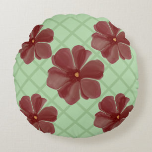 Almofada Redonda Elegante Padrão de Treliça Floral Borgonha e Verde