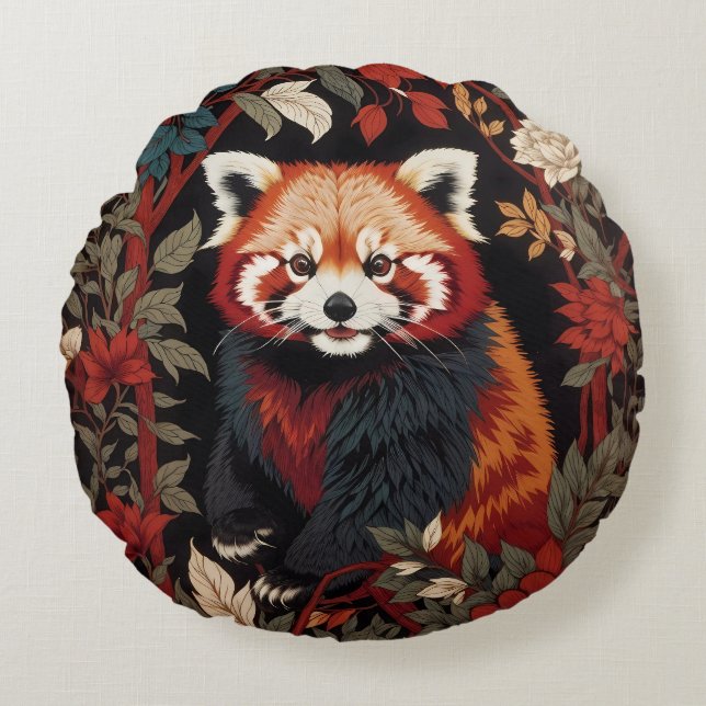Almofada Redonda Elegante Red Panda William Morris Inspirou Floral (Frente)