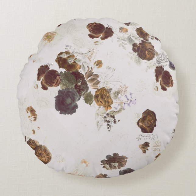 Almofada Redonda Elegante Rosa Castanho bege Floral Toile (Frente)