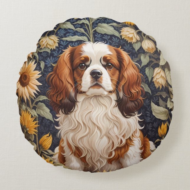 Almofada Redonda Elegante Sunflower Cavalier King Charles Spaniel (Frente)