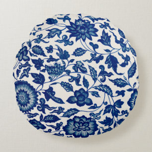 Almofada Redonda Elegante Toile de Jouy Azul Francesa Country Chino