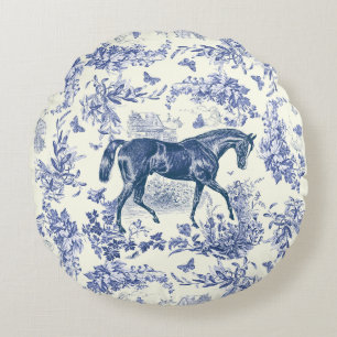 Almofada Redonda Elegante Toile Floral Azul Branco Cavalo Vintage