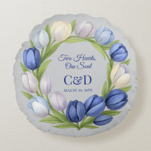 Almofada Redonda Elegante Watercolor Tulip Wreath Casamento Blue Iv
