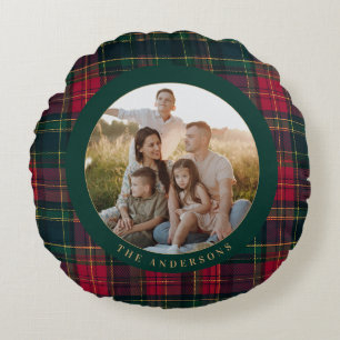 Almofada Redonda Elegante Xadrez Tartan Feliz Natal Nome da Família