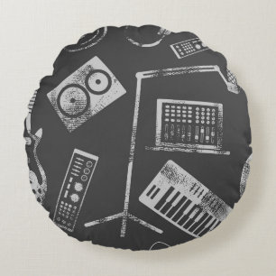 Almofada Redonda Elementos de música: vintage com tela de fundo con