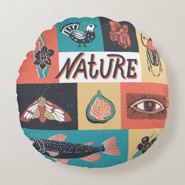 Almofada Redonda Elementos Natureza, Ícones de Estilo Retroativo. (Frente)