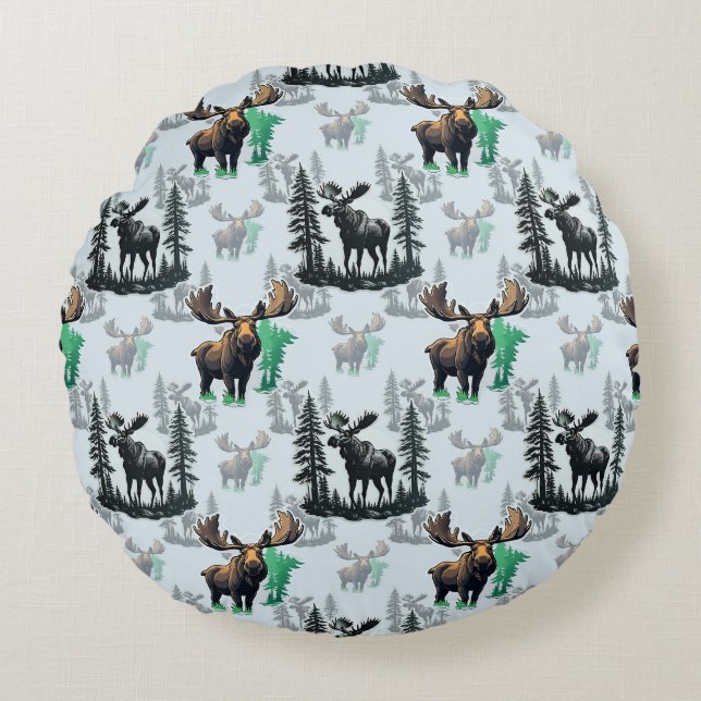 Almofada Redonda Elk Moose Antlers Deer Pattern Design (Frente)