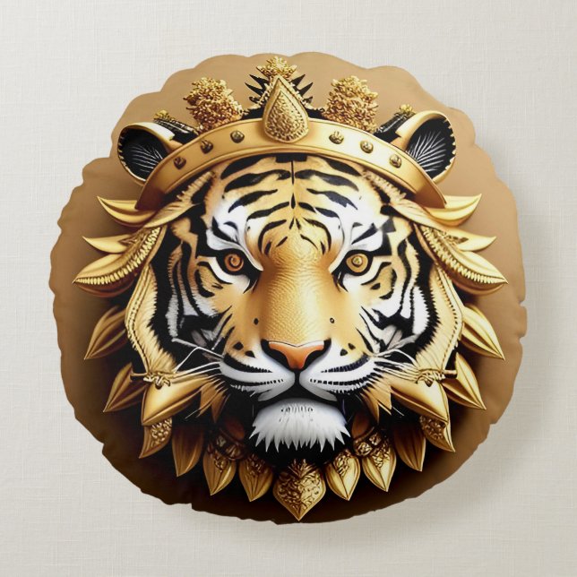 Almofada Redonda Emblema Dourado da Crista do Tigre (Frente)
