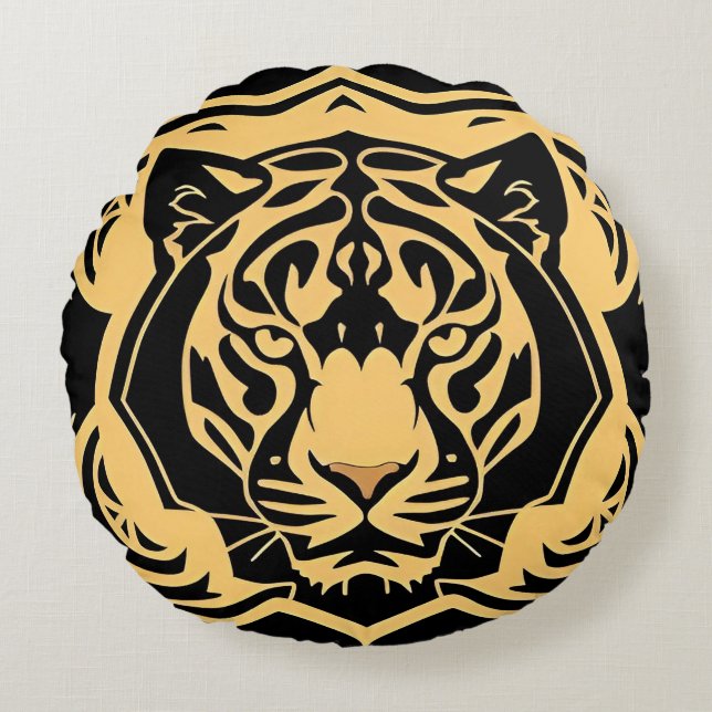 Almofada Redonda Emblema Dourado da Crista do Tigre (Frente)