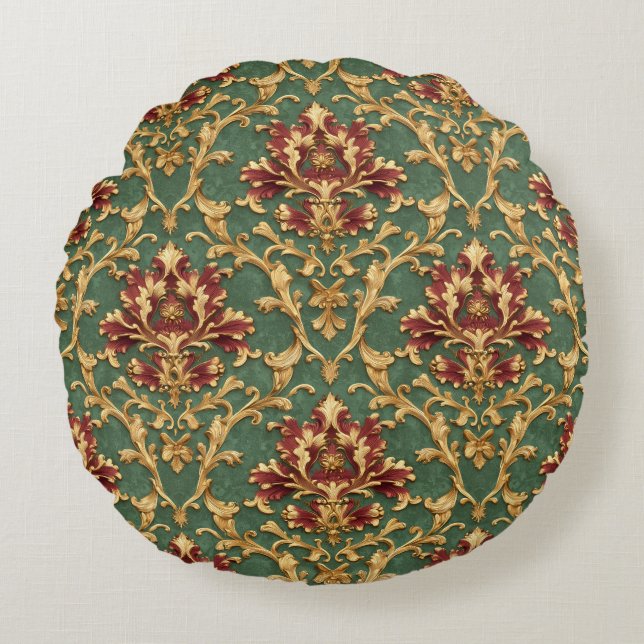 Almofada Redonda Emerald Gold Baroque Damask (Frente)
