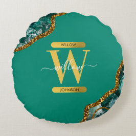 Almofada Redonda Emerald Green & Dourado Agate Geode Glitter Monogr