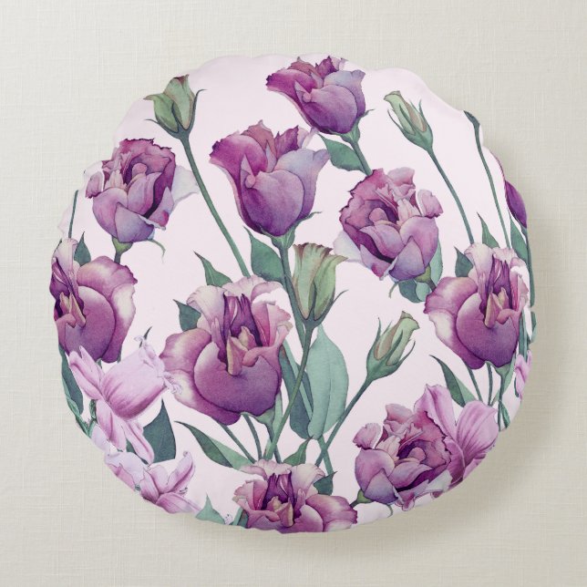 Almofada Redonda Encantando Aquarela Eustoma Bloom Travesseiro redo (Frente)