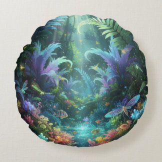 Almofada Redonda Enchanted Bioluminescent Forest Magical Jungle
