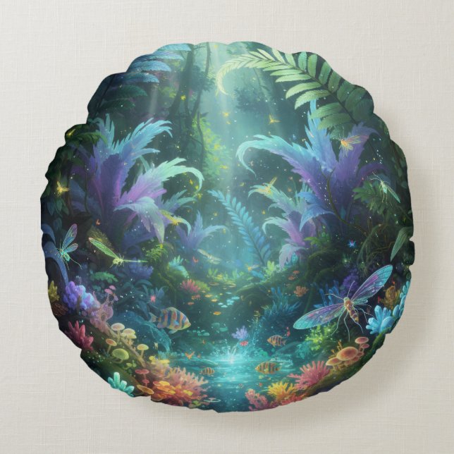 Almofada Redonda Enchanted Bioluminescent Forest Magical Jungle  (Frente)