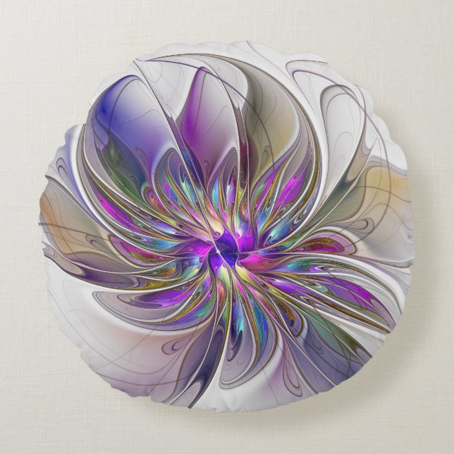 Almofada Redonda Energetic, Colorful Abstract Fractal Art Flower (Frente)