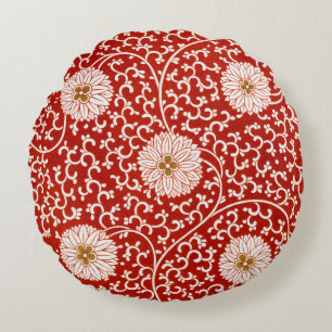 Almofada Redonda Enfeite Chinês Owen Jones Floral Vermelho Branco