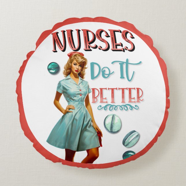 Almofada Redonda Enfermeira Nostálgica Bonita Enfermeira Pinup Faz  (Frente)
