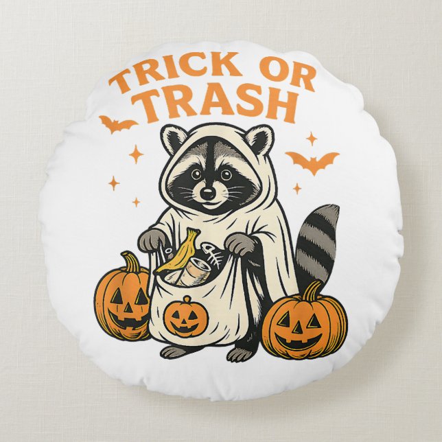 Almofada Redonda Engraçado Raccoon Trick ou Trash Halloween (Frente)