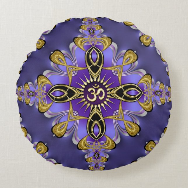Almofada Redonda Equilíbrio Roxo OM Mandala Espiritual Yoga  (Frente)