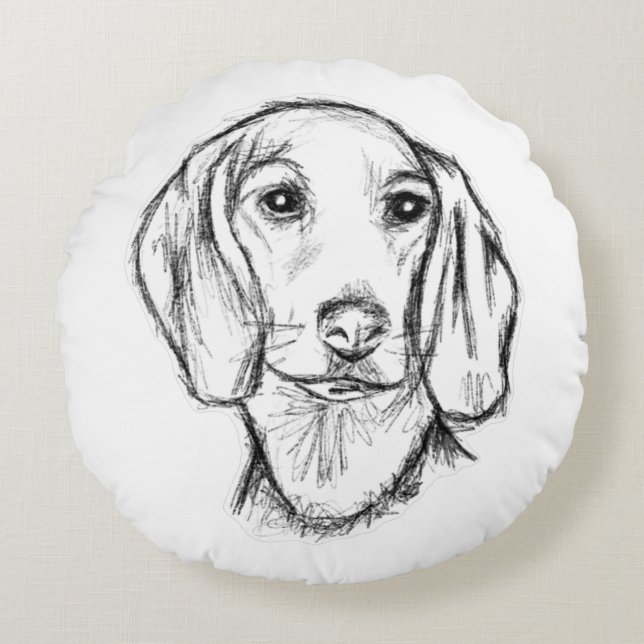 Almofada Redonda esboço desenhado pela mão preto, cachorrinho branc (Frente)