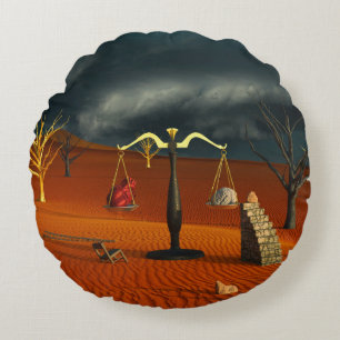Almofada Redonda Escalas da Verdade – Simbolismo Surreal do Deserto