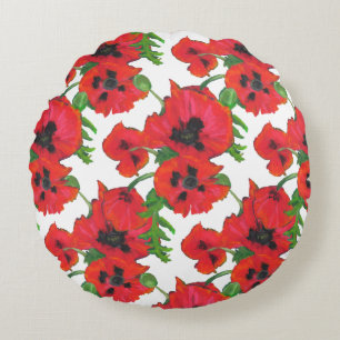 Almofada Redonda Escarlate Oriental Poppies Patterno em Branco