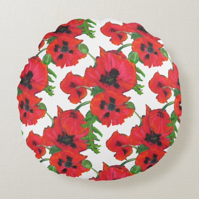 Almofada Redonda Escarlate Oriental Poppies Patterno em Branco (Frente)