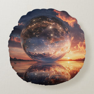 Almofada Redonda Esfera Reflexiva Surreal Contendo Estrelas