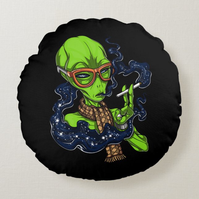 Almofada Redonda Espaço de Alienígena hipster Fumando Extraterrestr (Frente)