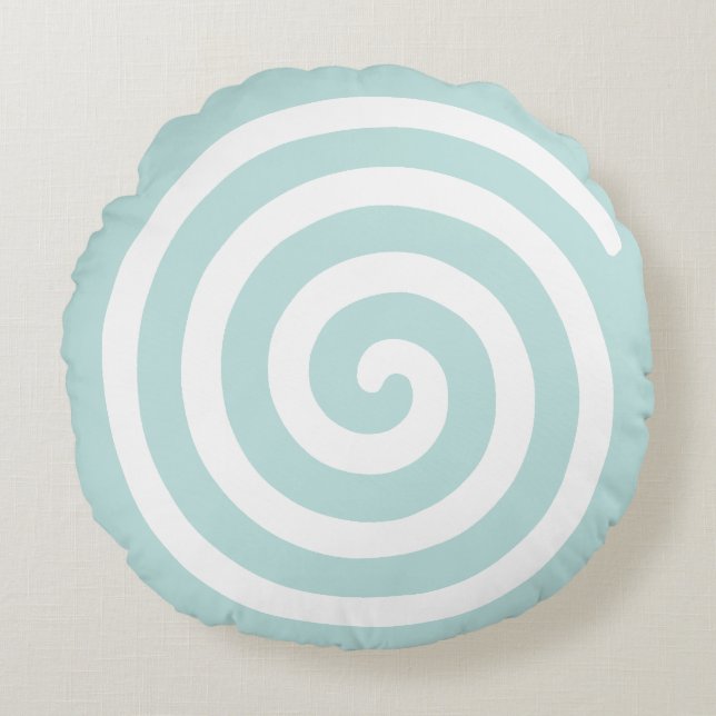 Almofada Redonda Espiral Abstrata em Azul Claro e Branco (Frente)