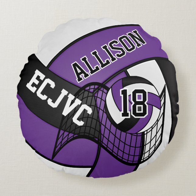 Almofada Redonda Esportes 🏐 Voleibol Personalizados - Roxo, Branco (Frente)