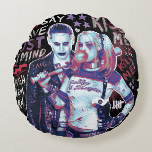 Almofada Redonda Esquadrão Suicida Tipografia do Joker & Harley