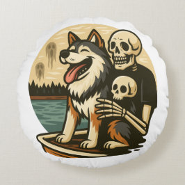 Almofada Redonda Esqueleto com Cachorro no Lago Assombrado Arte de 