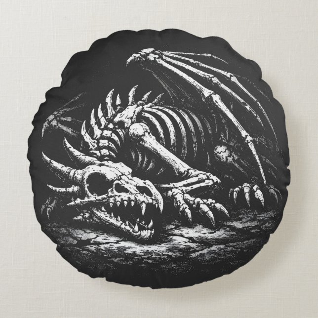 Almofada Redonda Esqueleto de Dragão — por BurnsInHell (Frente)