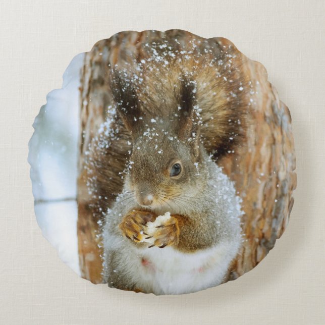 Almofada Redonda Esquilo bonito numa paisagem de inverno (Frente)