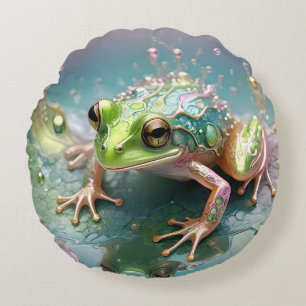 Almofada Redonda "Essência Esmeralda: Sapo Verde na Arte Fractal"
