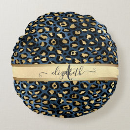 Almofada Redonda Estampa de Leopardo Azul Monograma Dourado