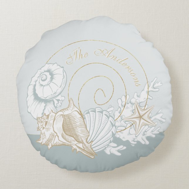 Almofada Redonda Estilo costeiro lindo coral vermelho-claro-azul (Verso)