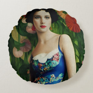 Almofada Redonda Estilo Deco Elegante Mulher com Flores Grandes