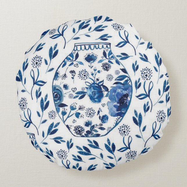 Almofada Redonda Estilo Floral de Chinoiserie Azul e Branco pintado (Verso)