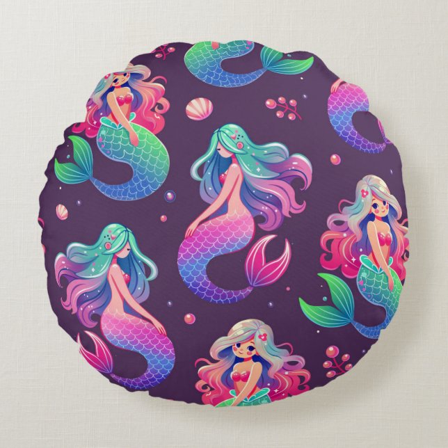 Almofada Redonda Estilo Kawaii Sereias Roxo Sem Costura (Frente)