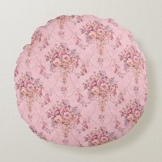 Almofada Redonda Estilo Vitoriano Rosa-Rosa Antiquado Francês Rococ (Frente)